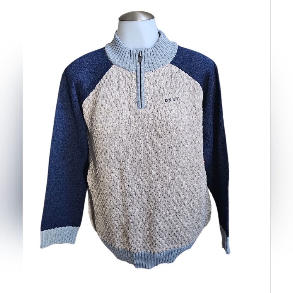 DKNY Zip-Up Sweater in Navy and Beige